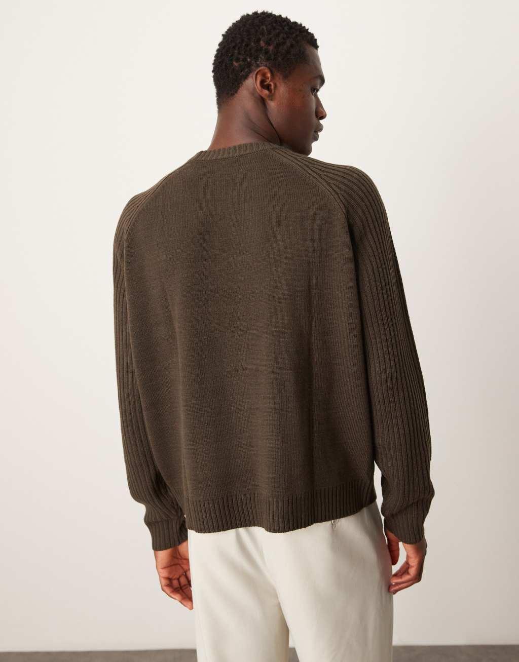 ASOS DESIGN oversized boxy fit knit crew neck sweater with ribbed sleeves in brown Product Image