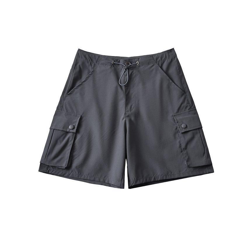 Drawstring Waist Plain Cargo Shorts Product Image