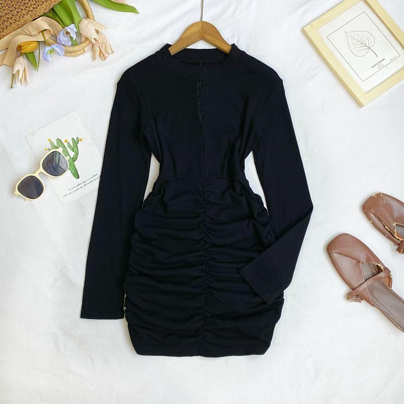 Long Sleeve Crew Neck Plain Ruched Bodycon Mini Dress Product Image