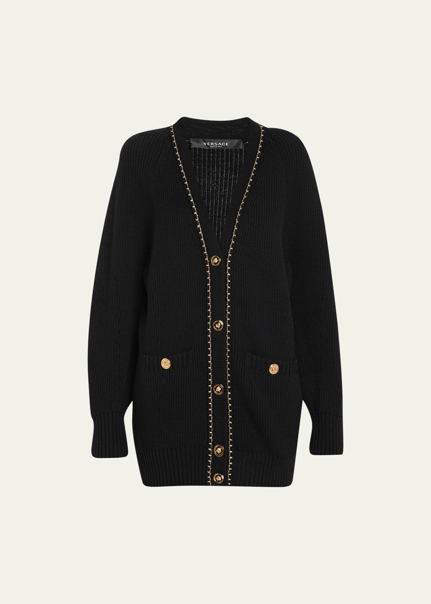 Versace Metallic Stitch Detail Wool Cardigan Product Image