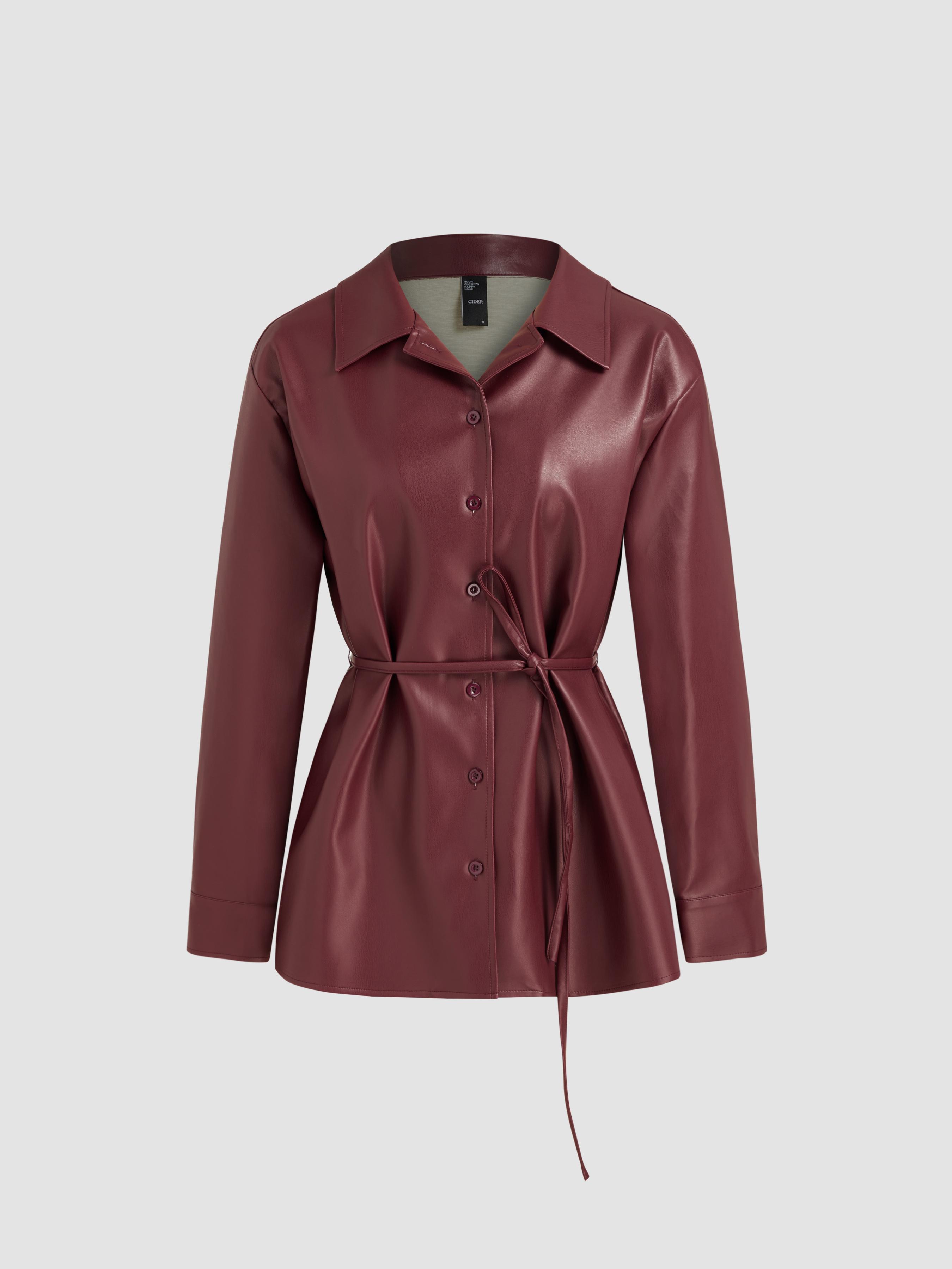 Faux Leather Collar Solid Button Jacket With Belt Product Image