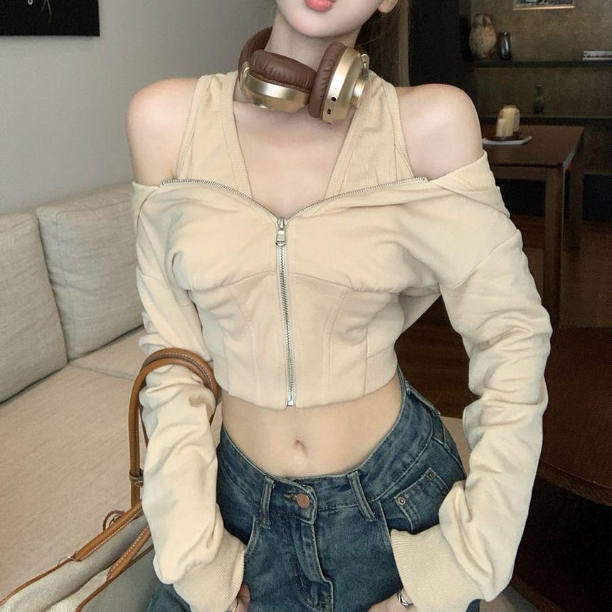 Cold-Shoulder Long-Sleeve Plain Zip-Up Crop Top Product Image