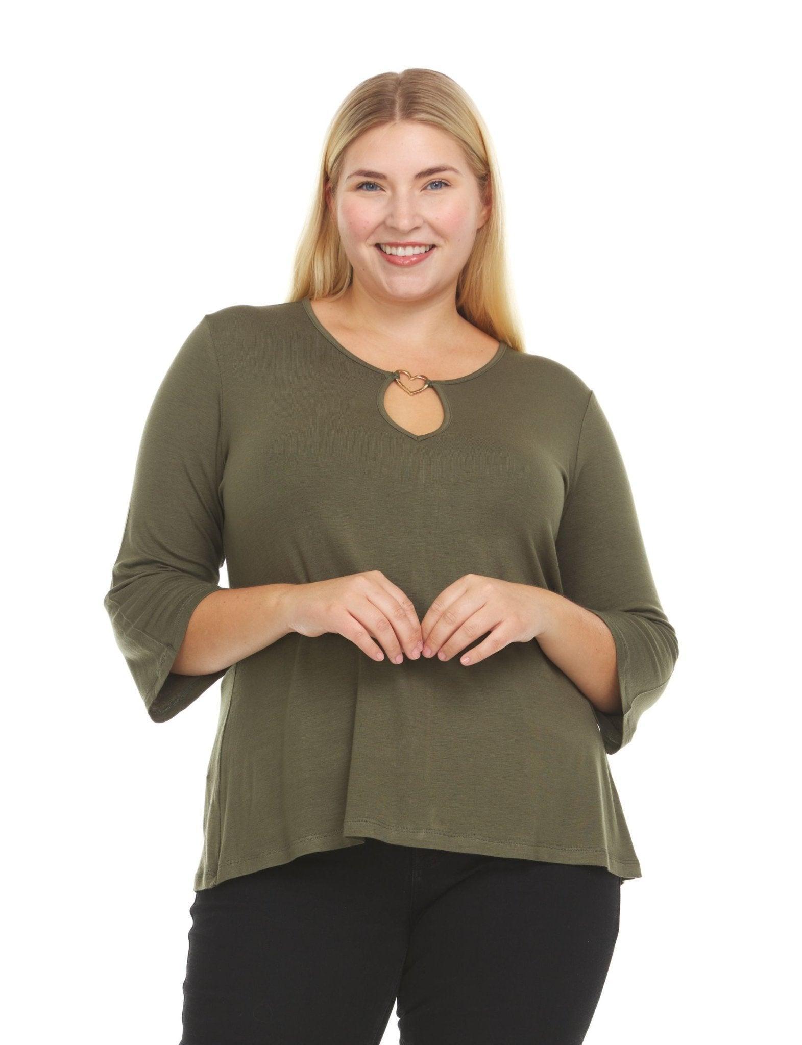 3/4 Sleeve Tunic With Metal Heart Design Detail At Keyhole Neckline - Plus Product Image