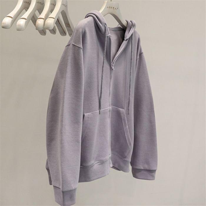 Drawstring Drop Shoulder Plain Zip Up Oversized Hoodie Product Image