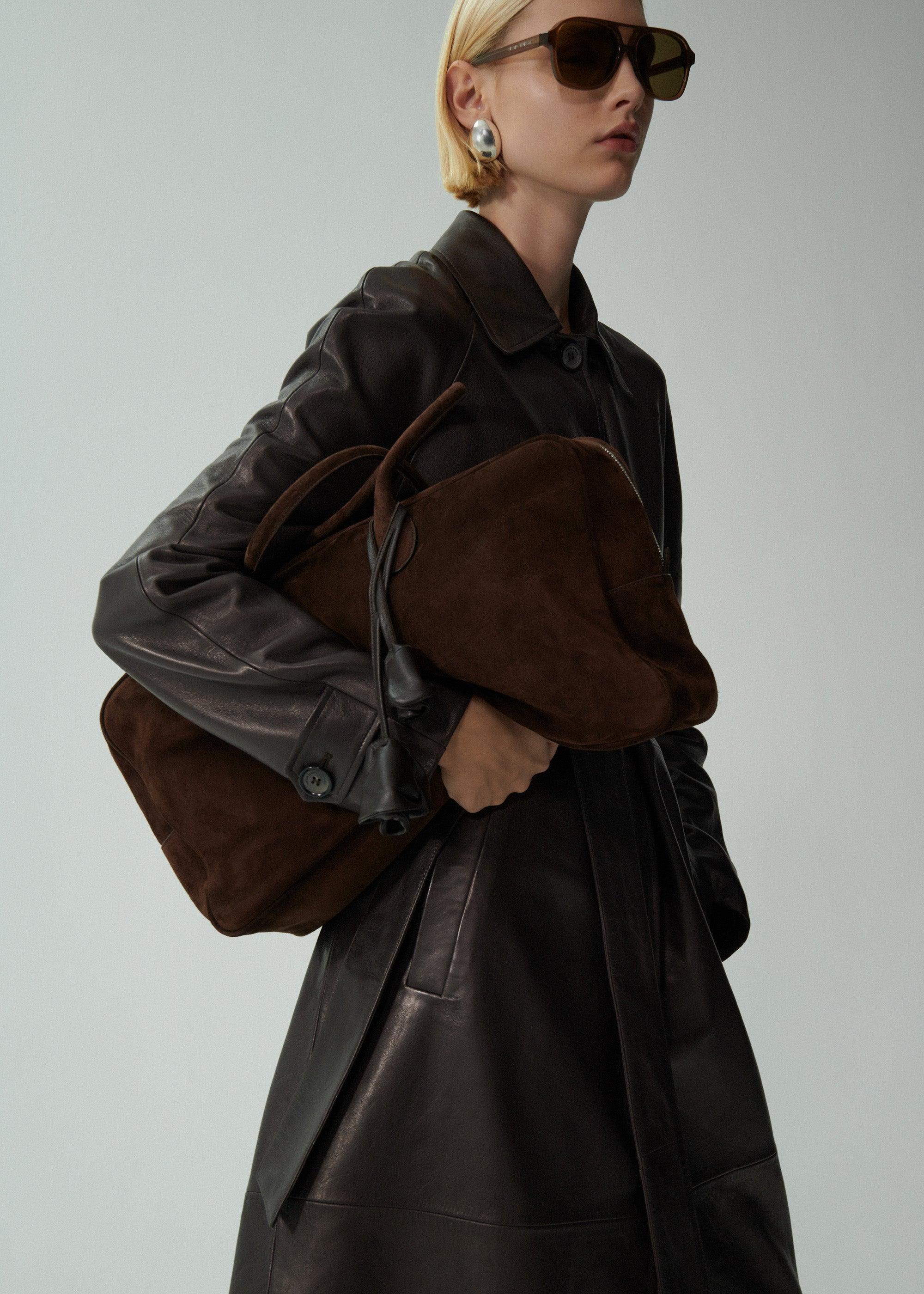 Belted leather coat in brown product image