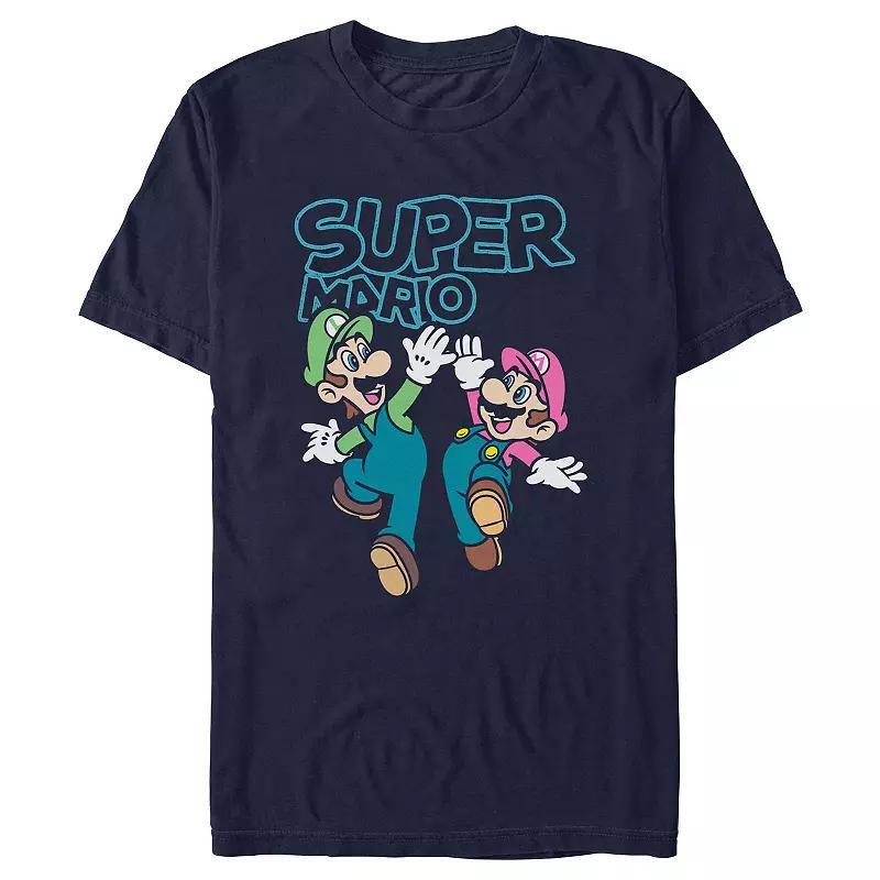 Mens Super Mario Bros And Luigi High Five Graphic Tee Blue Product Image