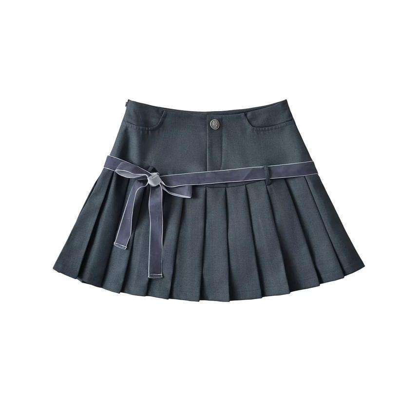 High Rise Bow Pleated Mini A-Line Skirt Product Image