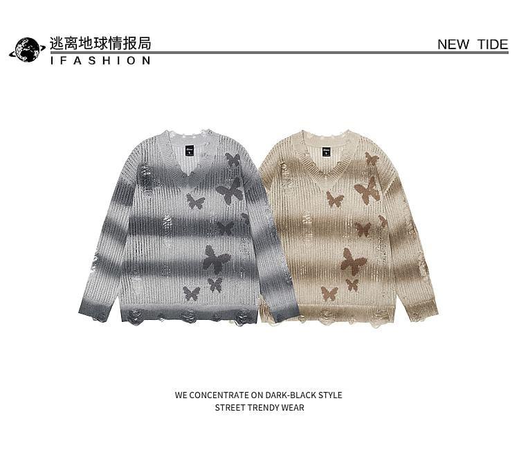 Long-Sleeve V-Neck Butterfly Print Distressed Sweater Product Image