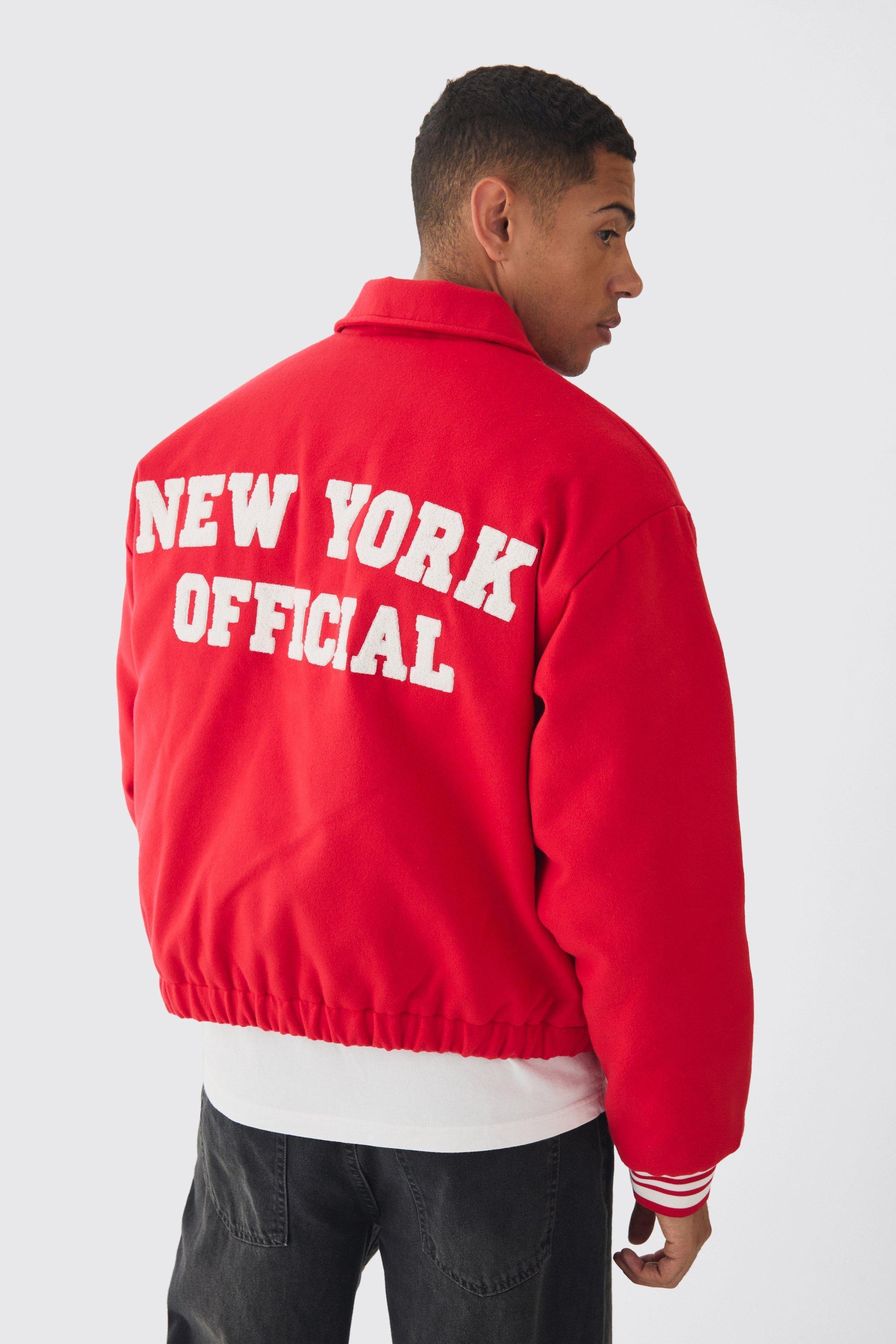 Boxy Collared Varsity Jacket In Red | boohooMAN USA Product Image