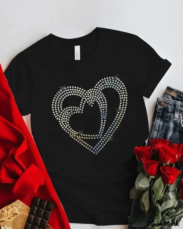 Olivia Mark – Valentine’s Day Rhinestone Heart Short Sleeve Top Product Image