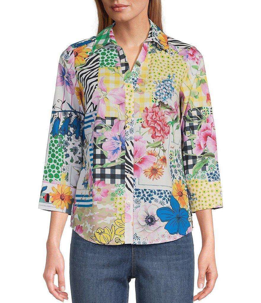 Foxcroft Mary Printed Cotton Poplin Point Collar 3/4 Cuffed Sleeve Button Front Shirt Product Image