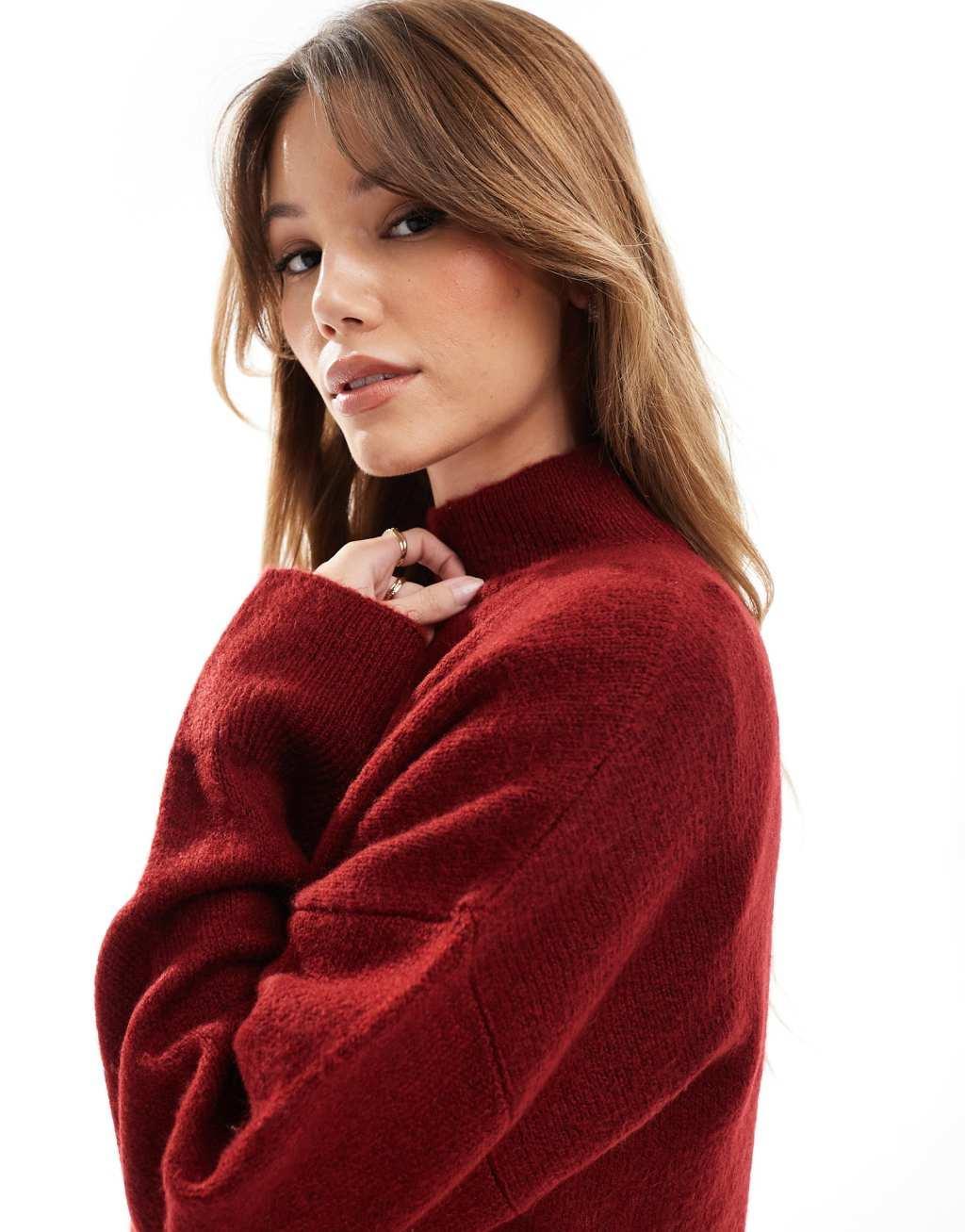 ASOS DESIGN knit high neck sweater in burgundy Product Image