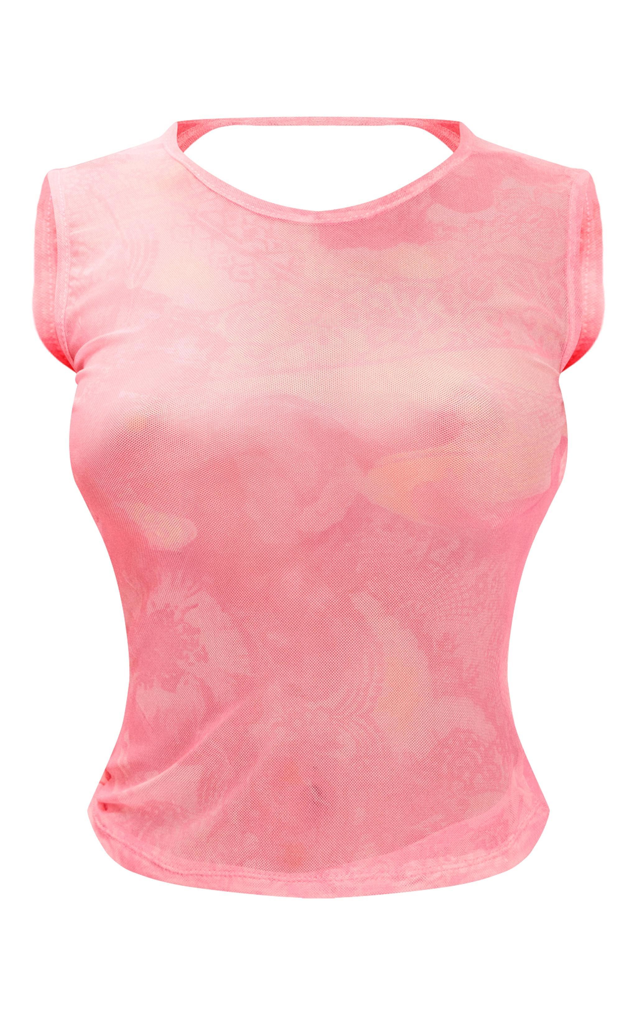 Pink Mesh Printed Open Back Long Top Product Image