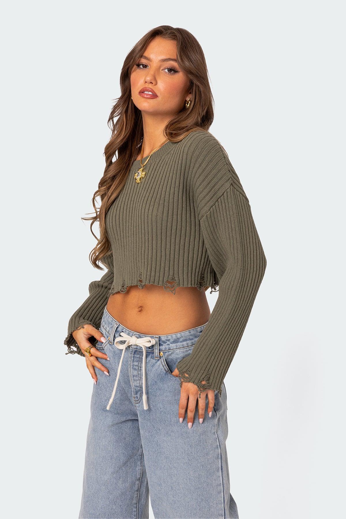 Distressed Hem Oversized Cropped Sweater Product Image