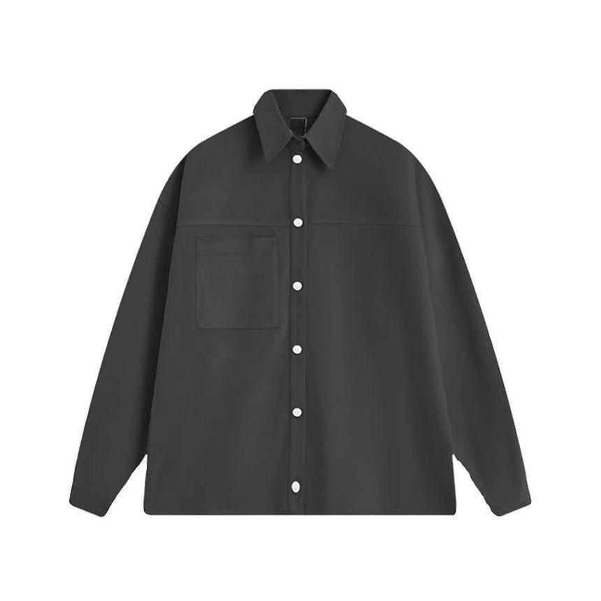 Plain Button-Up Faux Suede Shirt Jacket Product Image