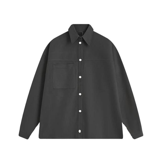 Plain Button-Up Faux Suede Shirt Jacket Product Image