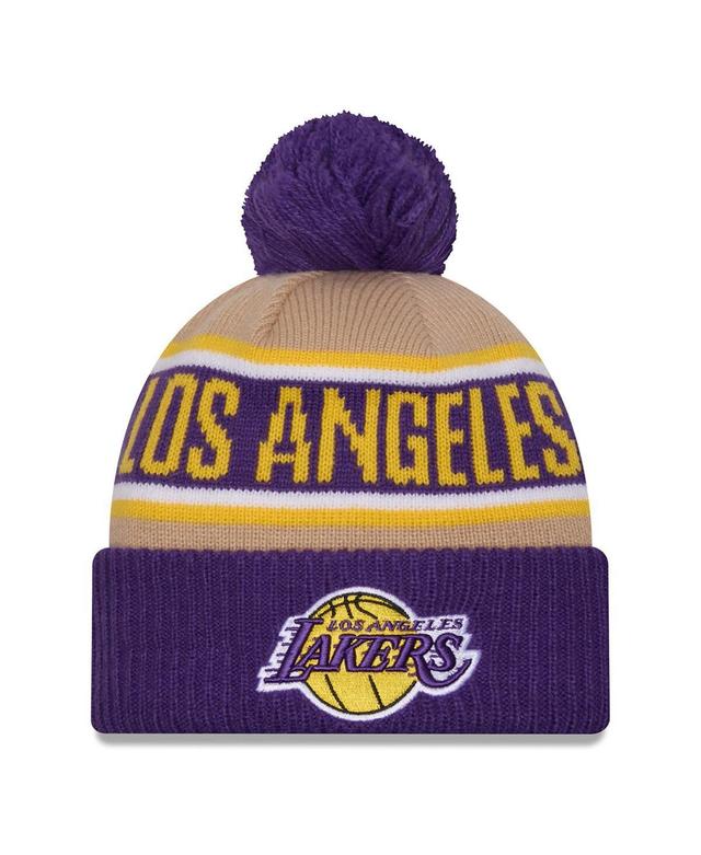 New Era Mens Purple Los Angeles Lakers 2024 Nba Draft Cuffed Knit Hat with Pom - Purple, Tan Product Image