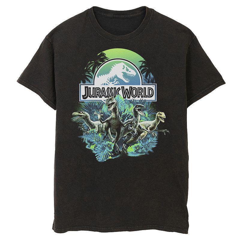 Mens Jurassic World Blue Green Jungle Velociraptor Attack Graphic Tee Grey Product Image