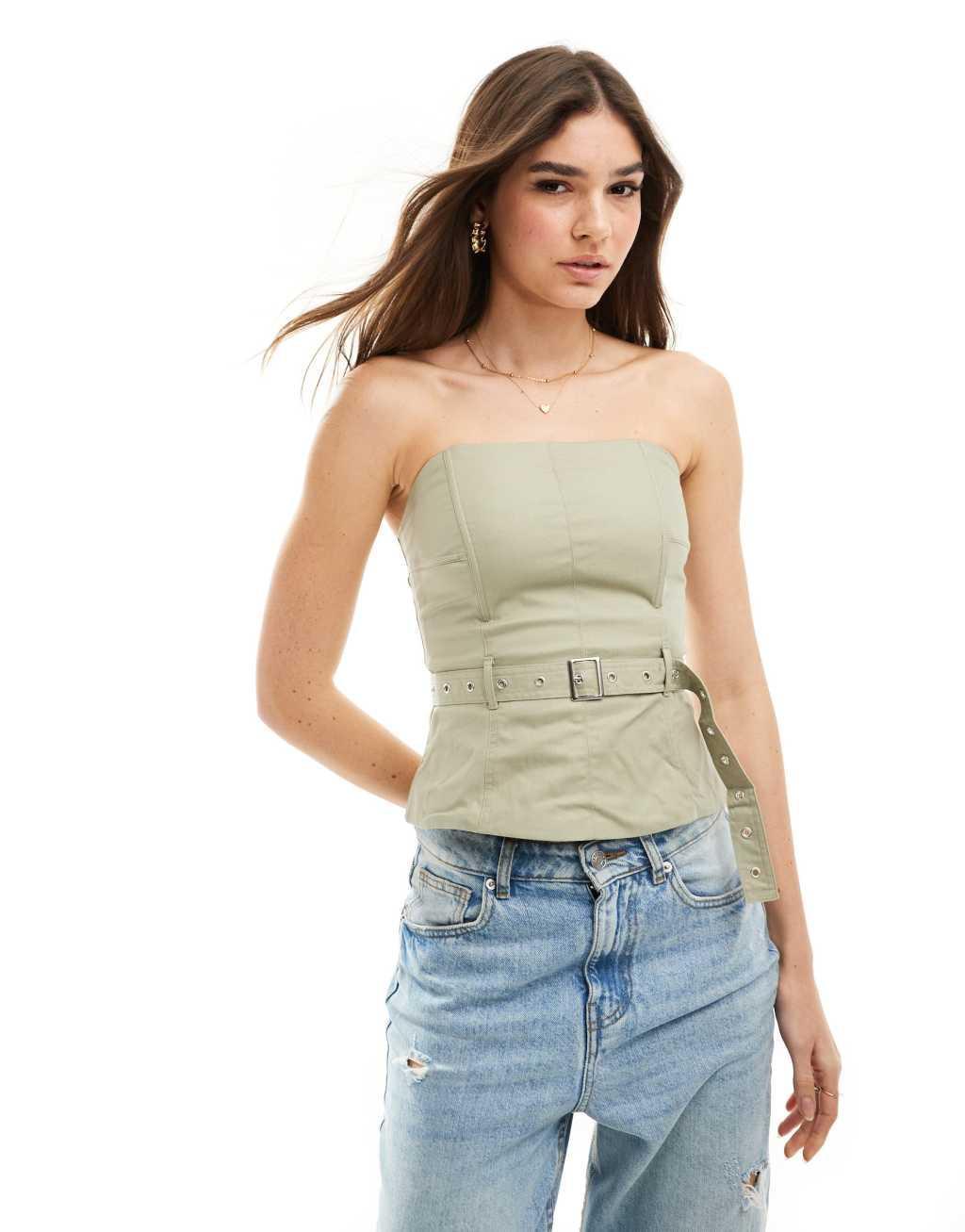 Mango buckle waist bandeau top in light green Product Image