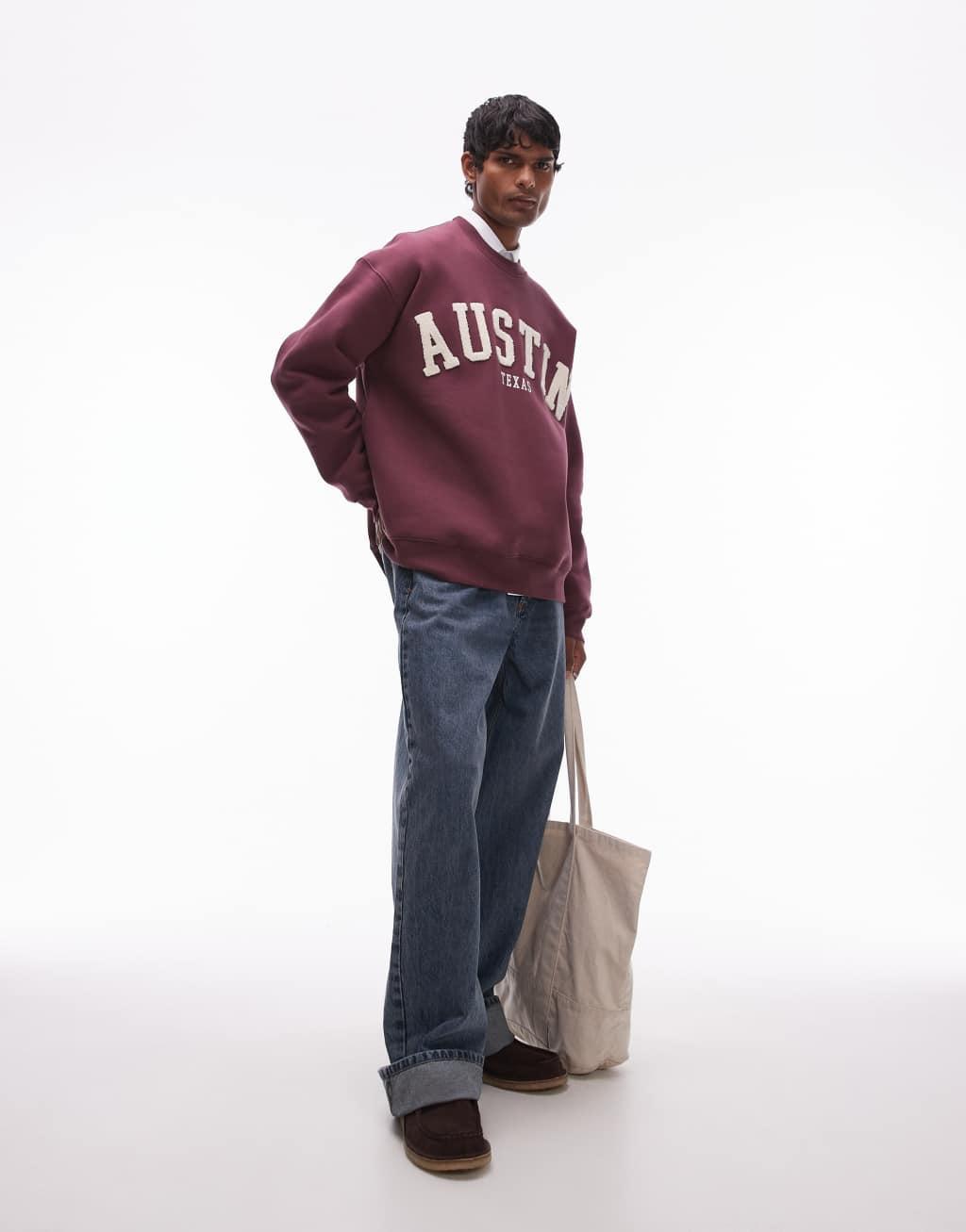 Topman oversized fit sweatshirt with Austin print in burgundy Product Image