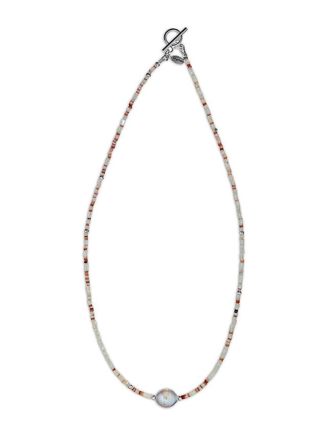 Mens White Shell Beaded Necklace with Grey Freshwater Pearl Center Product Image