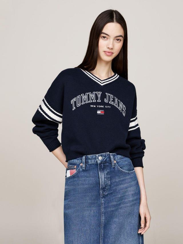 Tommy Hilfiger Women's V-Neck Varsity Logo Cropped Sweater Product Image