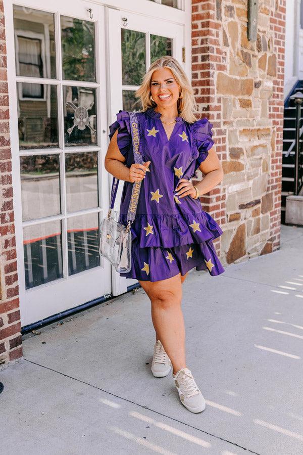 Under The Stadium Lights Ruffle Mini Dress in Purple Curves Product Image