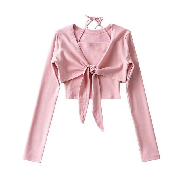 Set: Long-Sleeve V-Neck Plain Tie Front Crop Top + Camisole Top Product Image