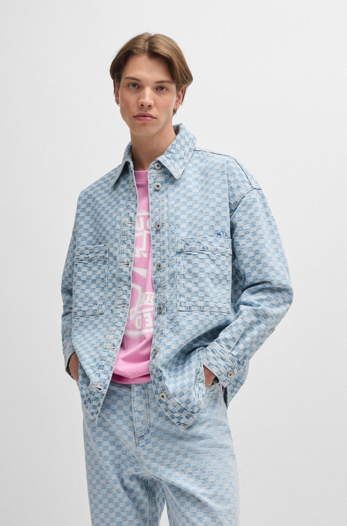 Blue-denim jacket with checkerboard jacquard product image