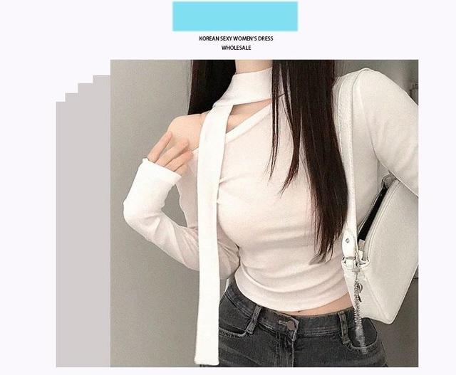 Long-Sleeve Cold-Shoulder Plain T-Shirt Product Image