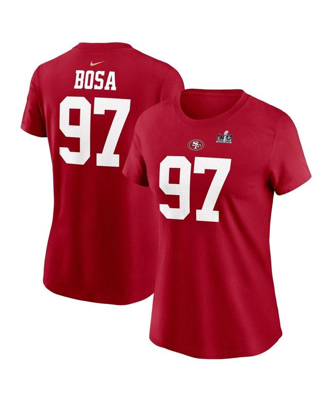 Womens Nike Nick Bosa Scarlet San Francisco 49ers Super Bowl LVIII Patch Player Name & Number T-Shirt Product Image