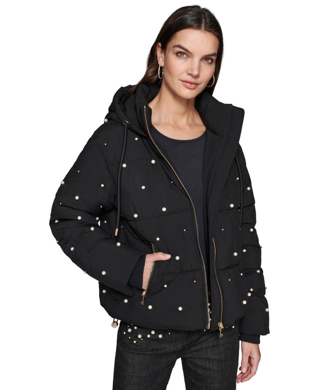 Karl Lagerfeld Paris Womens Embellished Hooded Puffer Jacket Product Image