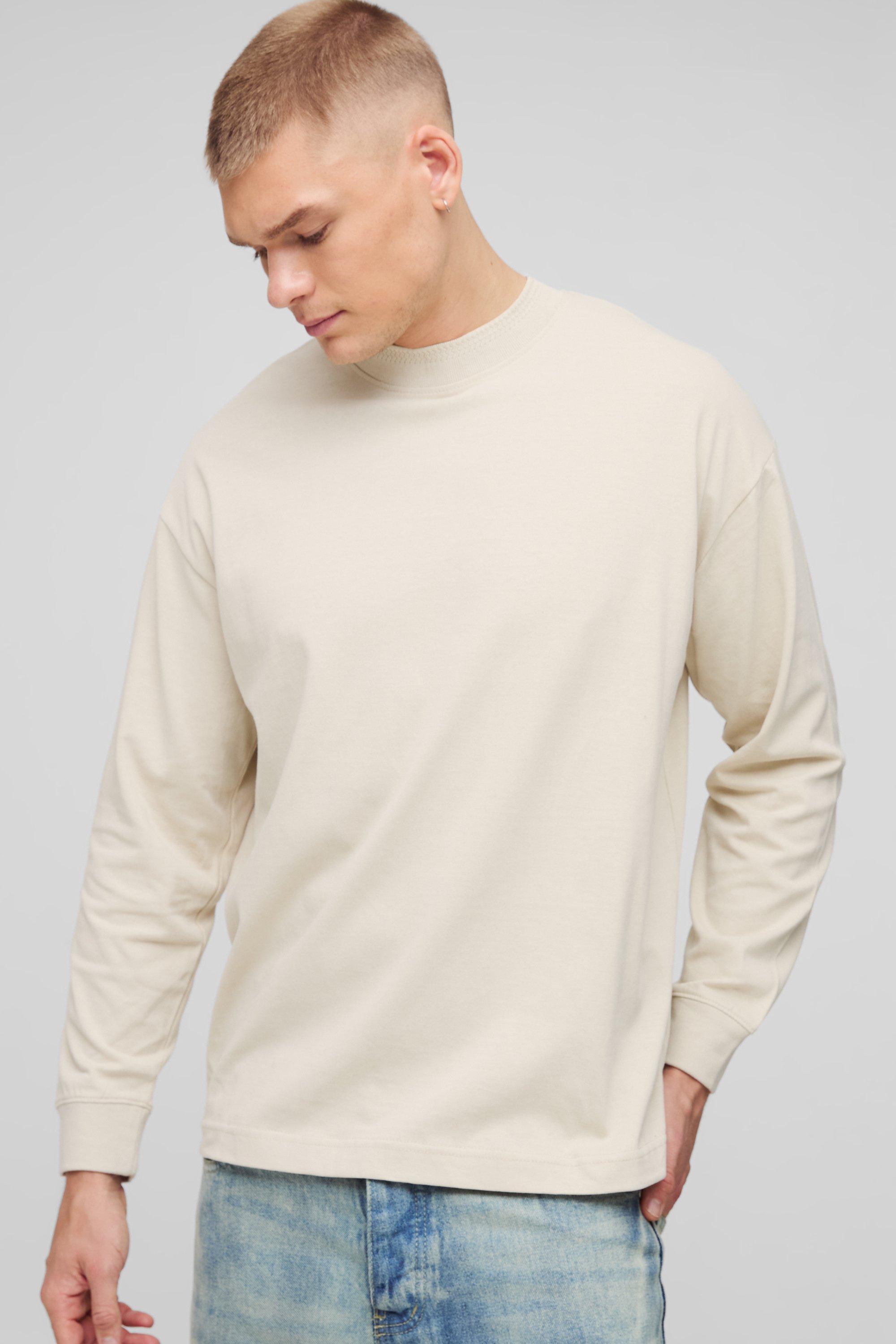 Mens Beige Oversized Heavyweight Jacquard Neck Long Sleeve T-shirt, Beige product image