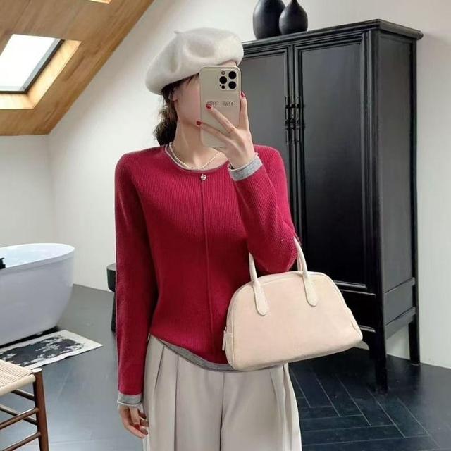 Crew Neck Contrast Trim Ribbed Knit Sweater Product Image