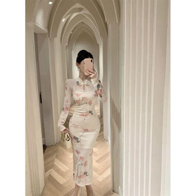 Long-Sleeve Stand Collar Floral Print Cutout Frog Buttoned Mesh Midi Bodycon Dress Product Image