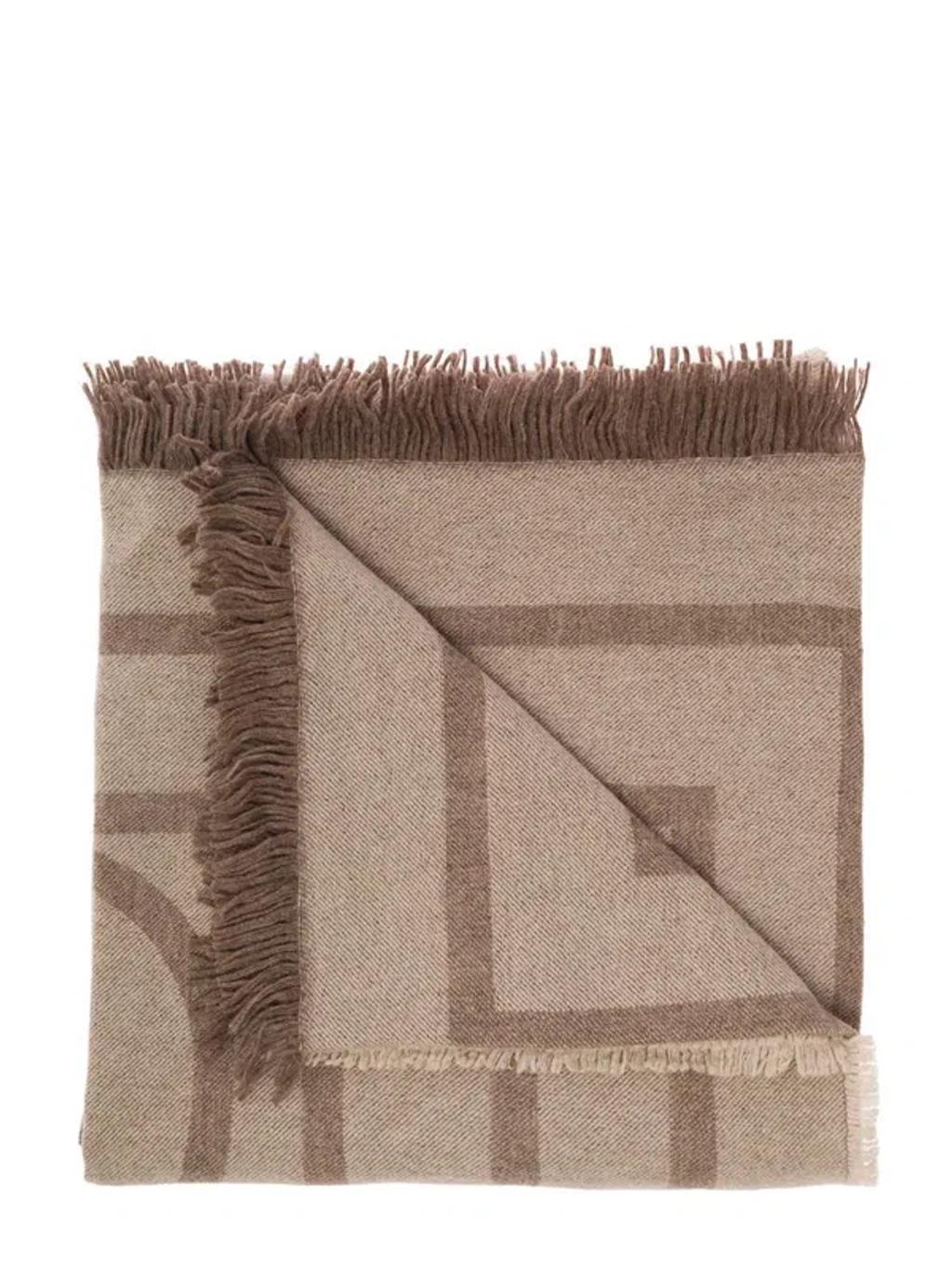 Beige Scarf With Monogram Print In Wool And Cashmere Woman In Brown Product Image