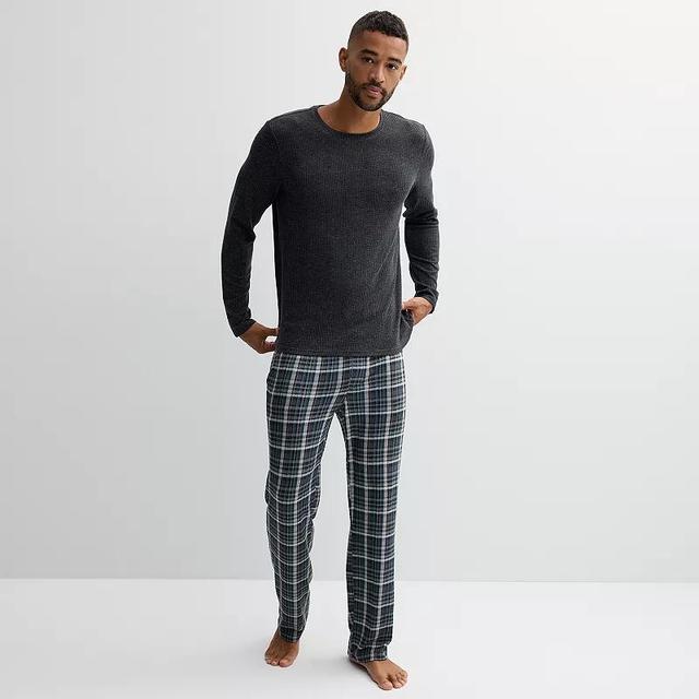 Mens Sonoma Goods For Life Super Soft Ribbed 2-pc. Pajama Set Green Green Plaid Product Image