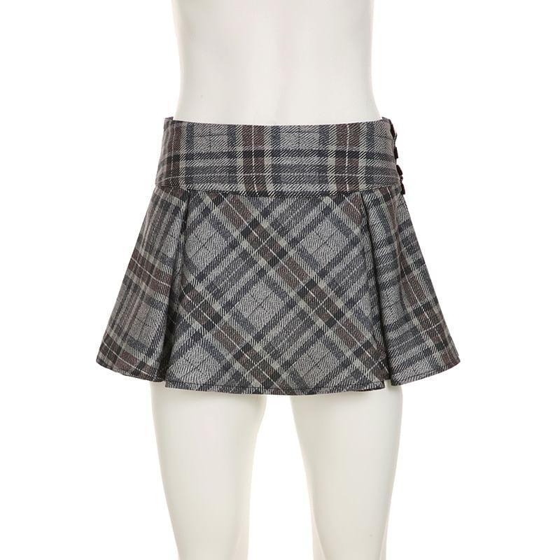 Low Rise Plaid Mini A-Line Skirt Product Image