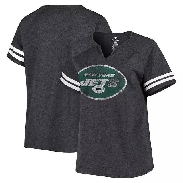 Womens Fanatics Heather Charcoal New York Jets Plus Size Raglan Notch Neck T-Shirt Product Image