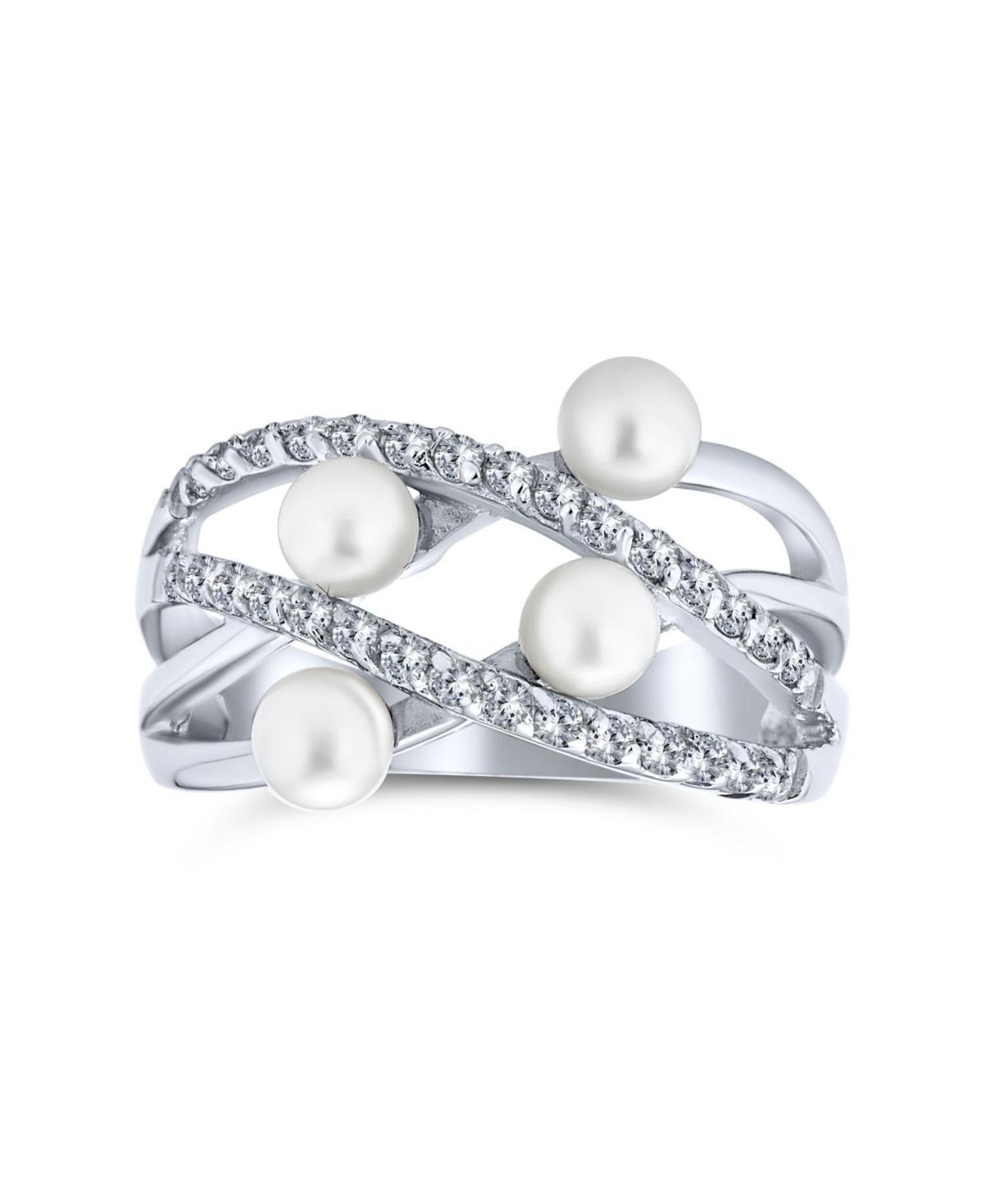 Bling Jewelry Crossover Criss Cross Stacking Style Fashion Statement White Pearl Band Ring For Women .925 Sterling Silver Product Image