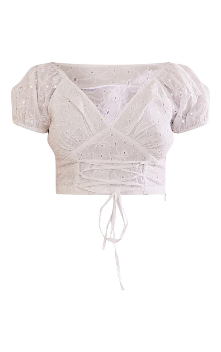 White Lace Up Front Broderie Crop Top Product Image