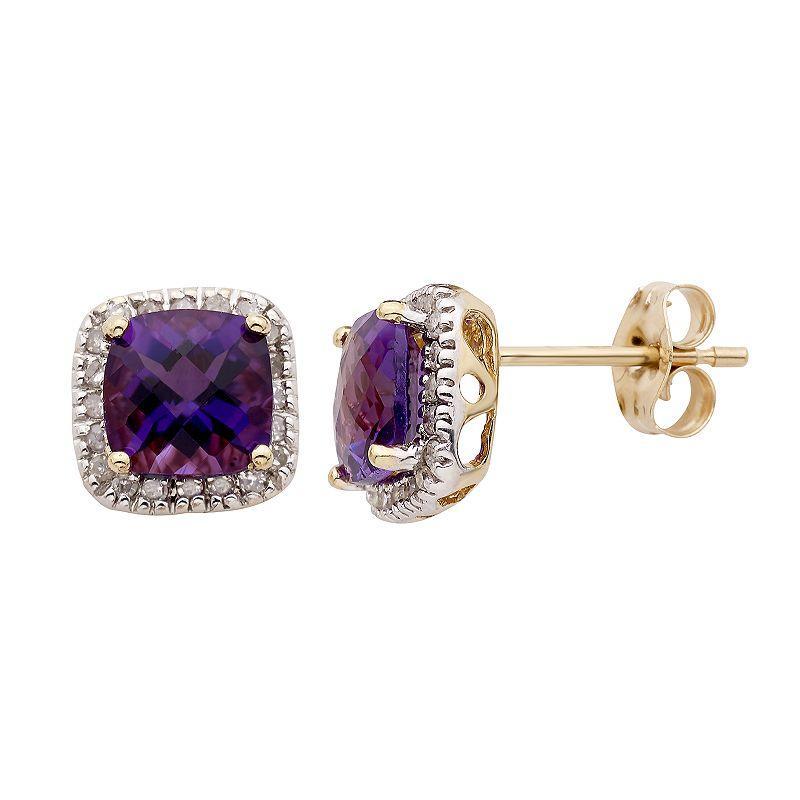 Amethyst and 1/6 Carat T.W. Diamond 10K Gold Halo Button Stud Earrings, Womens, Purple Product Image