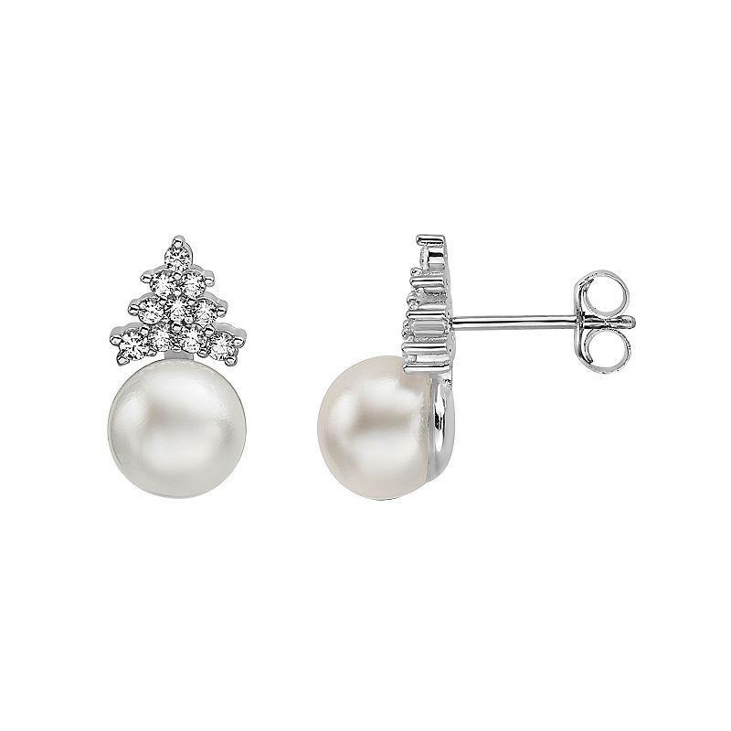 Sterling Silver Freshwater Cultured Pearl & Round Cubic Zirconia Stud Earrings, Womens Product Image