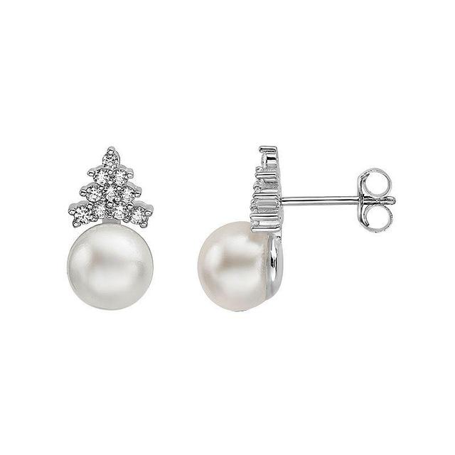 Sterling Silver Freshwater Cultured Pearl & Round Cubic Zirconia Stud Earrings, Womens Product Image