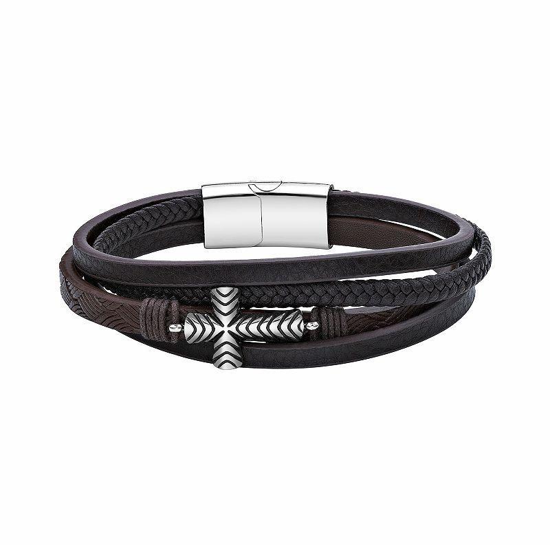 LYNX Mens Stainless Steel & Braided Leather Multistrand Cross Bracelet Multicolor Product Image