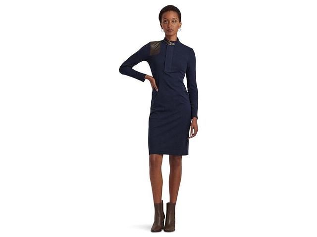 LAUREN Ralph Lauren Faux Leather-Trim Stretch-Cotton Dress (Lauren Navy) Women's Clothing Product Image