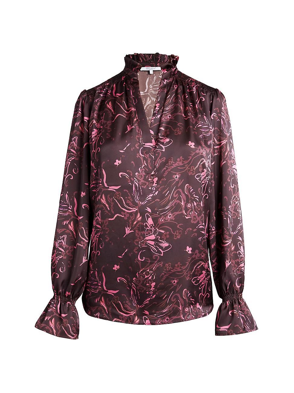 Womens Floral Charmeuse Ruffle-Neck Blouse Product Image