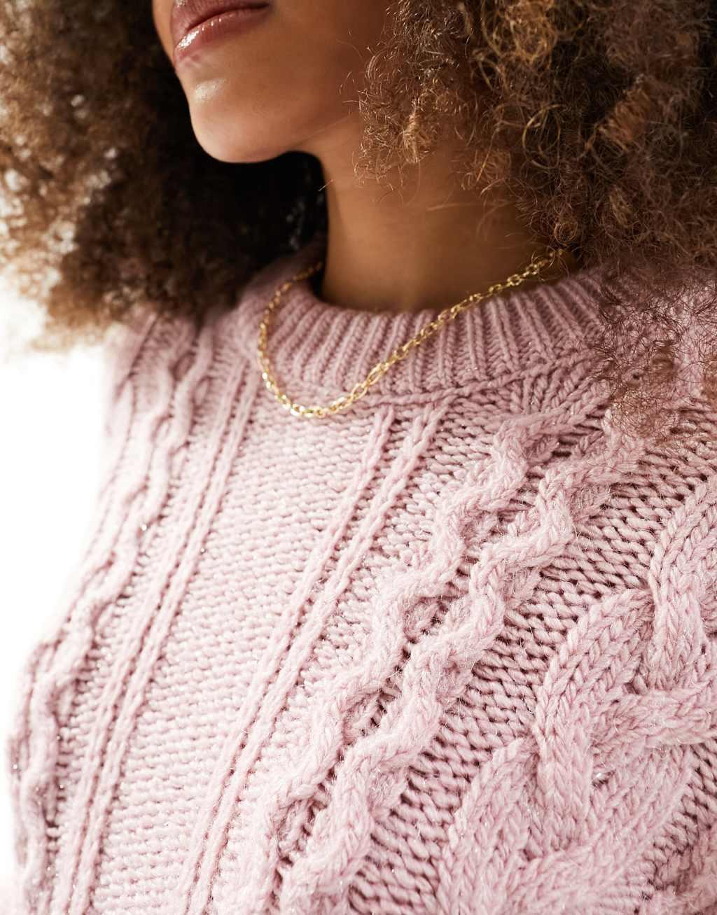 ASOS DESIGN crew neck cable sweater in pink Product Image