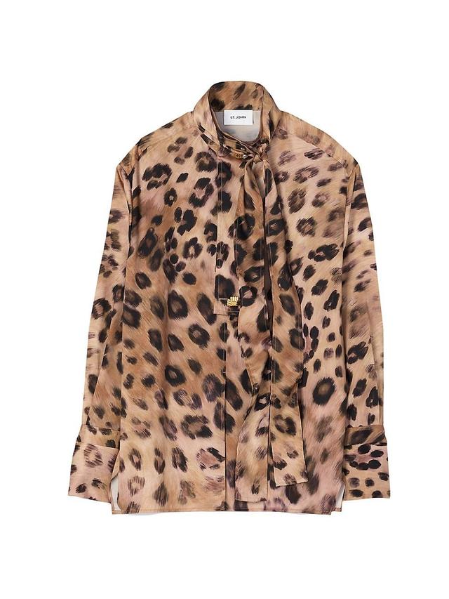 Womens Leopard Tie-Neck Blouse Product Image