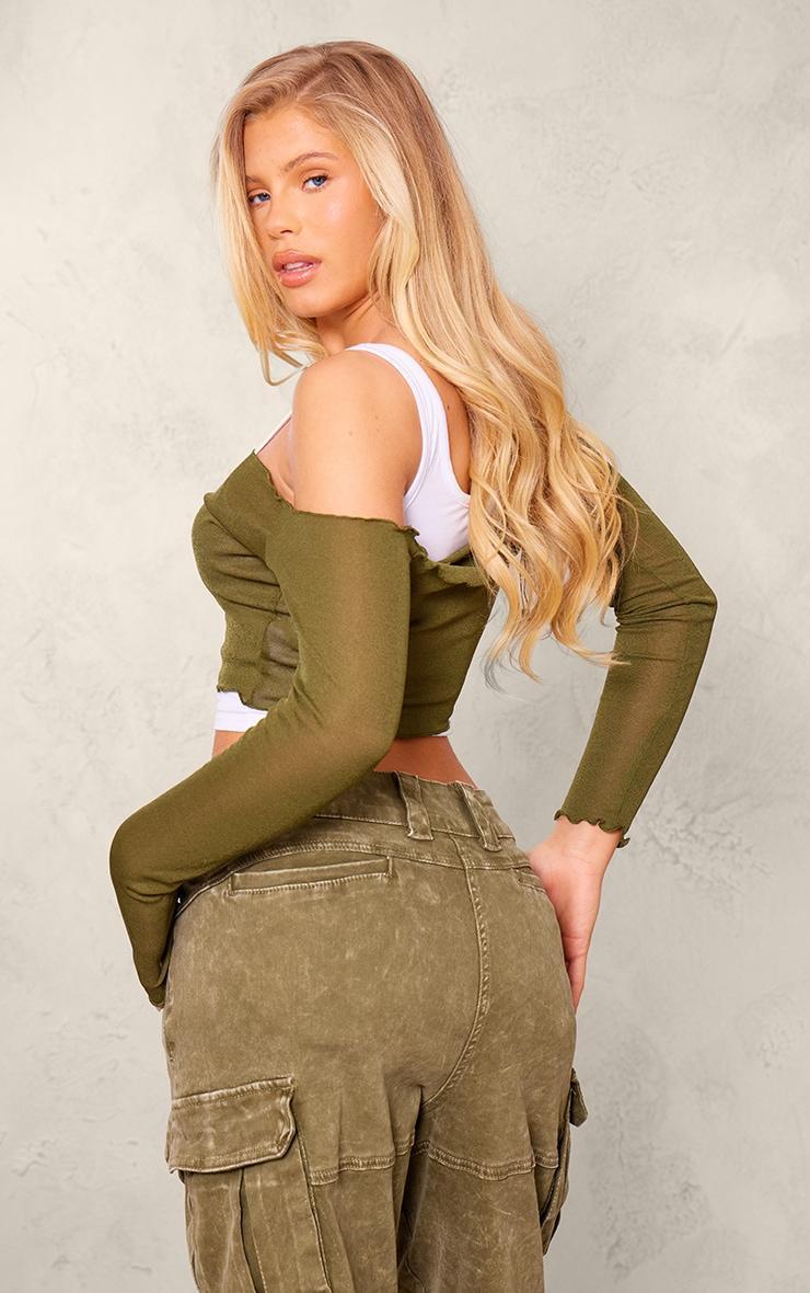 Khaki Burnout Mesh Rib Overlay Crop Top Product Image